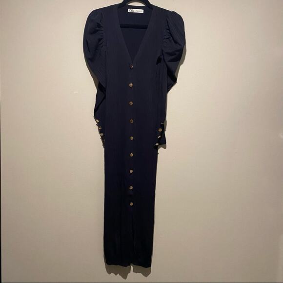 ZARA Ribbed Knit Puffy Sleeve Gold Button Front Midi Dress - Picture 2 of 7